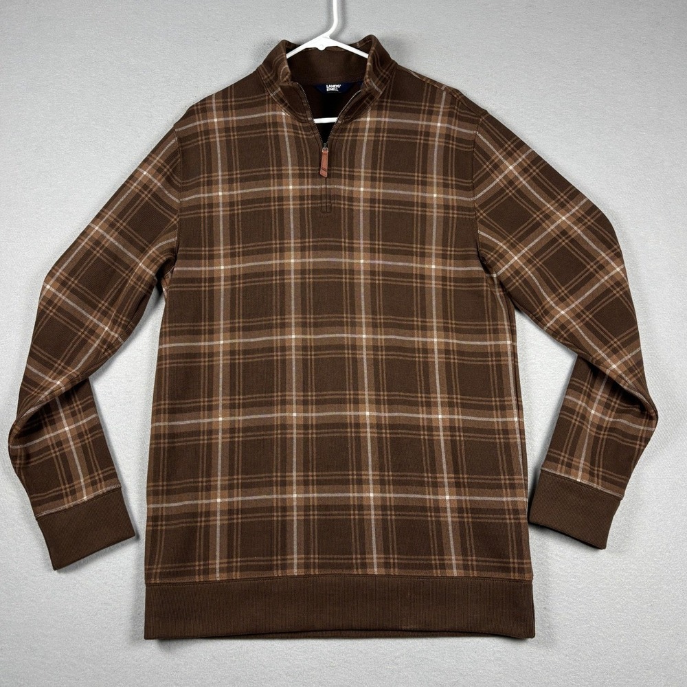 Lands End 1/4 Zip Pullover Plaid Brown Medium Tall Mens Sweater